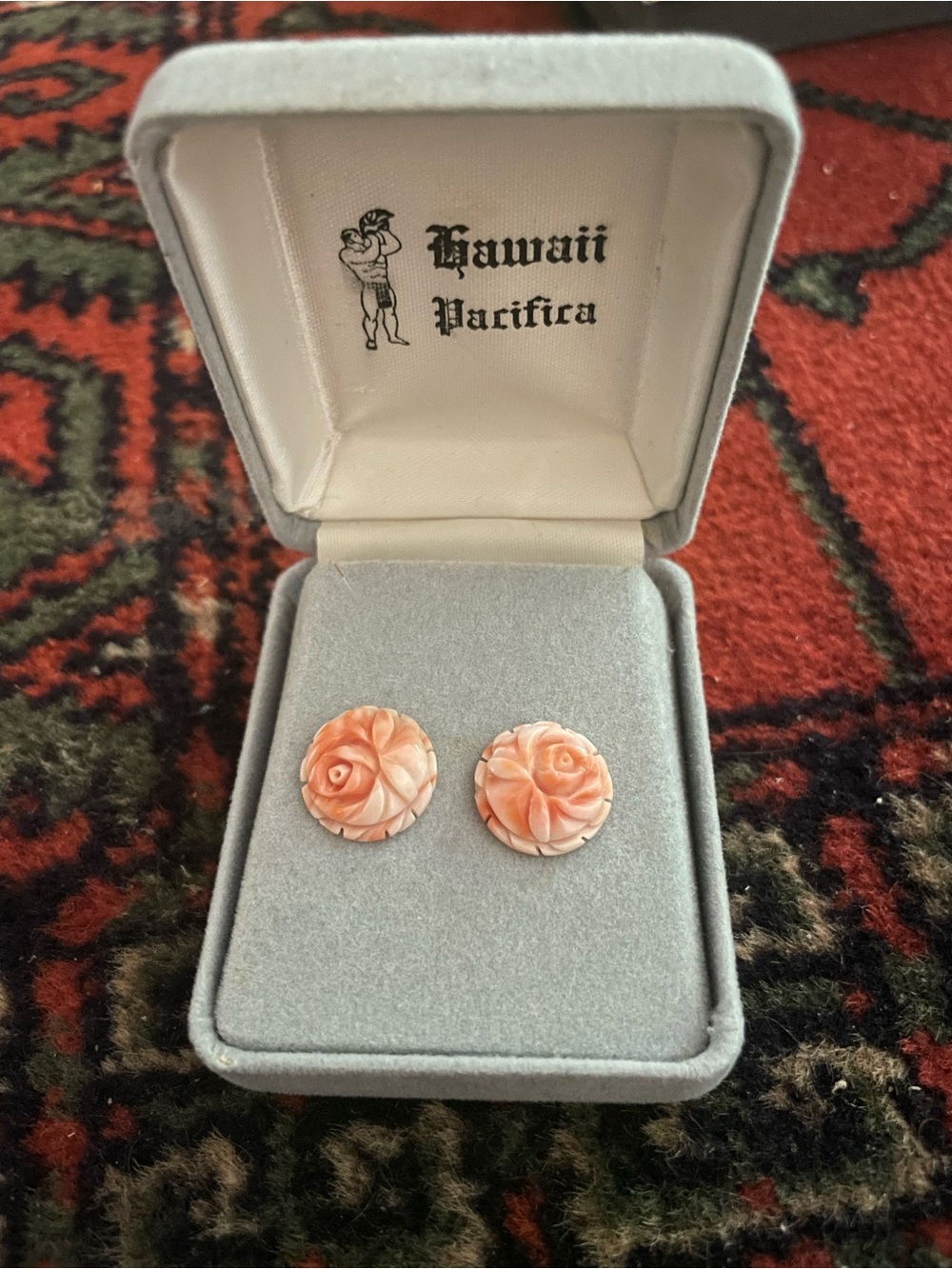 Rare 14 k Gold Genuine Carved Angel Skin Coral Rose Stud Earrings